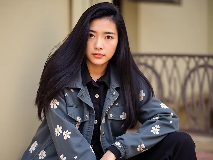 A young thai woman poses outside, and confidence. She is playing in action movie police officer ,sexy full body,intricate cartoon patterns but no bra. . Her long black hair flows over introspective expression, creating a relaxed yet graceful pose. The back...