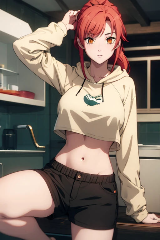 makima, red hair, yellow eyes, ringed eyes, large breasts, round breasts, perfect breasts, large hoodie, crop top overhang, loose crop top, long sleeves, very short shorts, dolphin shorts, cute, long hair, low ponytail, forehead