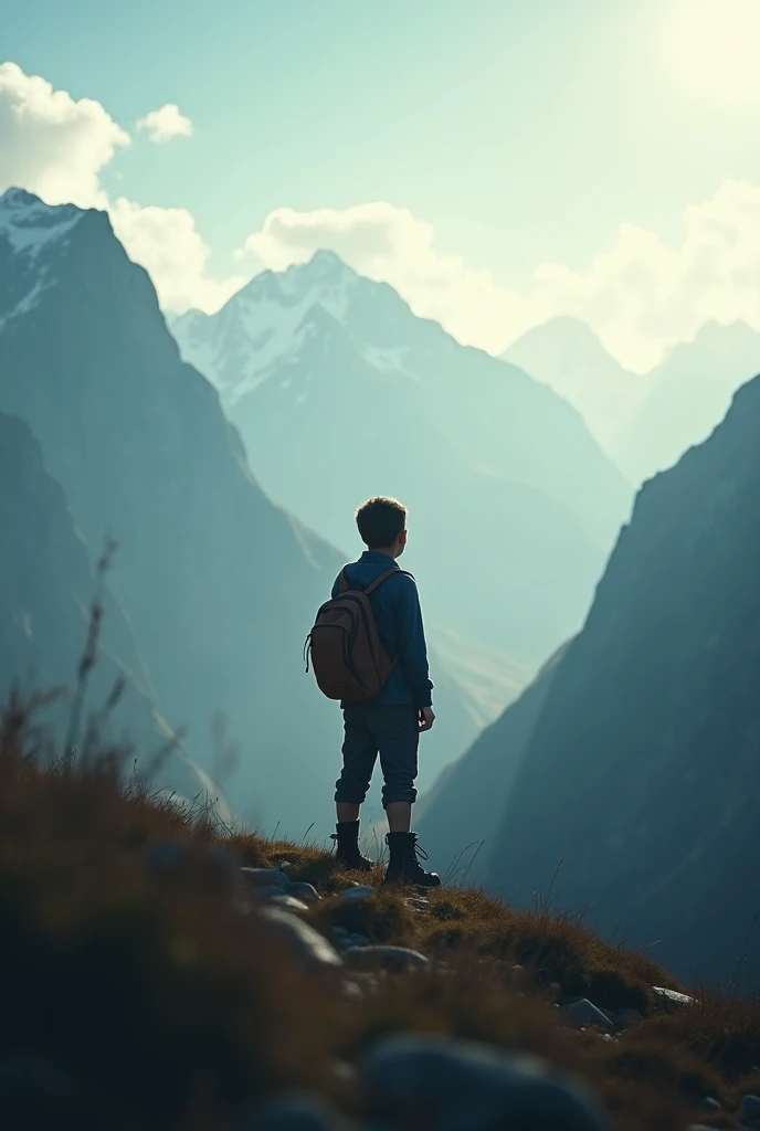 a boy posing in the mountains at a shallow depth of field, vignette,  very detailed , high budget, bokeh, cinemascope, melancholic, epic,  awesome,  film grain, granulated