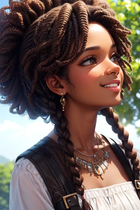 3D a  is dark brown skin, (((Alone))),  telegram sticker , in the park sitting in the tree,   creating a soft look ,  womens long dress , (((portrait realism))), ( afro-americana) ((( brown hair ))), ((( close up detailed facial affections: 1.15))), (((meg...