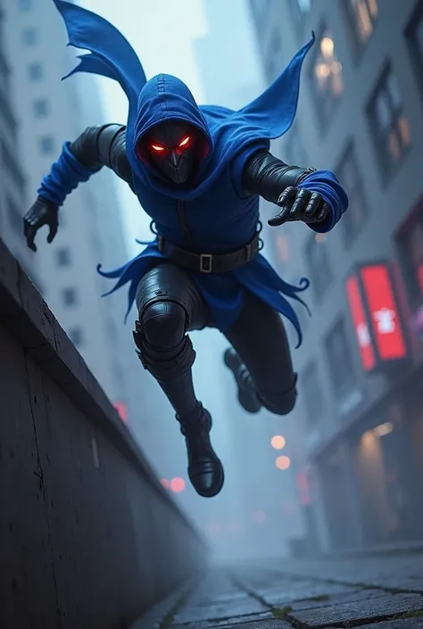 Talon from Leafue of Legends jumping a wall with his eyes glowing red with blue clothes 