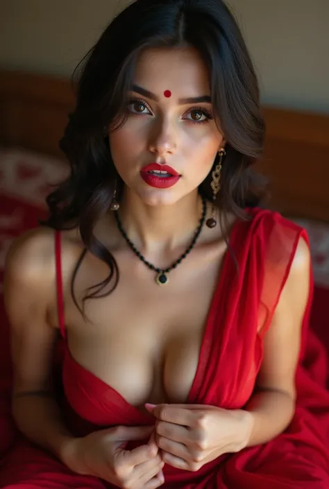 Pakistani hot girl, square cute face, curvy body, red lips, red bindi, wearing sexy red saree, lies on back on bed, earrings High Resolution, Textured Skin, Super Detailed, fair skin, natural lighting,grabbing breast with both palms, open mouth, front shot...