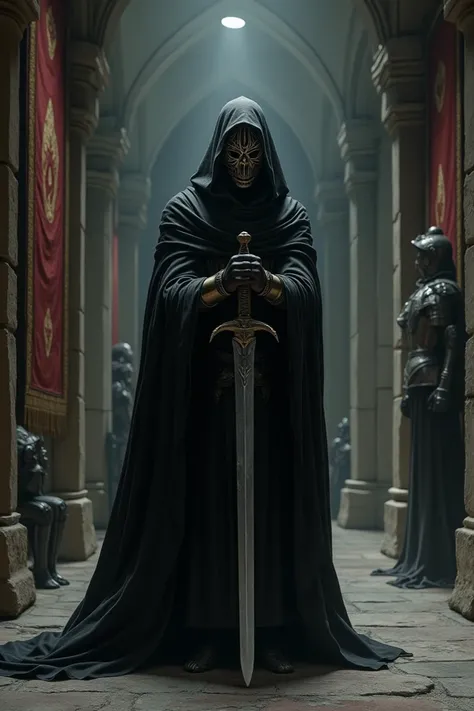 In a castle corridor a man in a cloak armed with a sword. His face covered in mask with symbolic dark patterns. His skin black. 