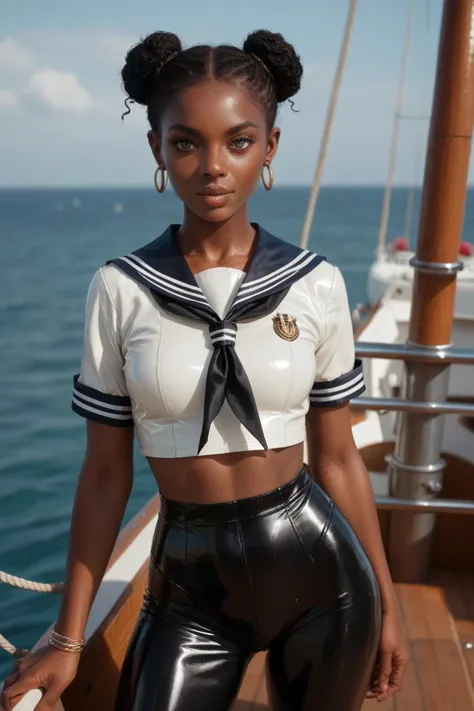 latex sailor uniform, african girl, on a ship 