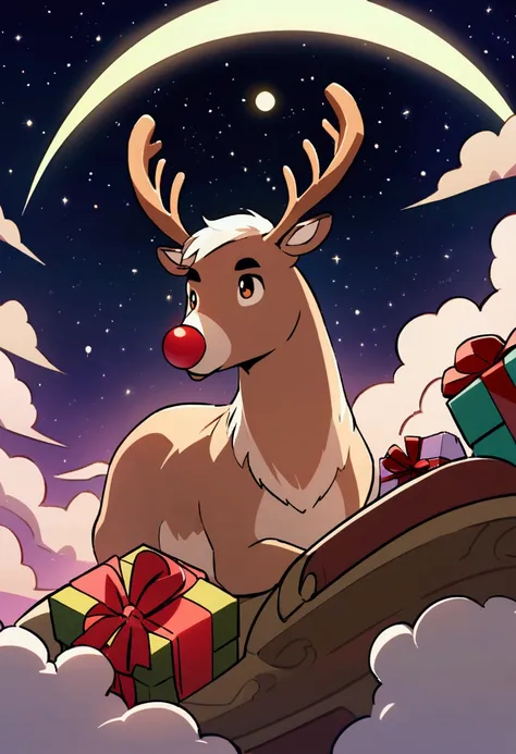 A side view of the sleigh and reindeer flying through the sky. The background shows the starry sky with soft clouds and the bright glow of the moon, creating a magical atmosphere. 

Character: Rudolph, a robust reindeer with light brown fur and well-define...