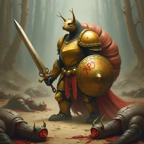  Create a picture of a snail that is armored like a knight .  The camera view comes from above of the scenery , The one below her .  Let his armor be golden .  The snail should still be recognizable ,  but may also be humanized ,  like a centaurus .  She h...