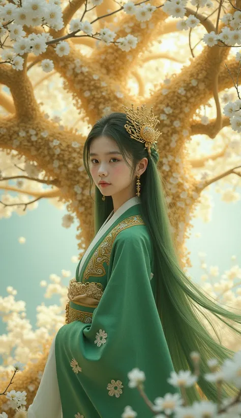  imaginary　Gold Tree 　White leaves　white flower flower 　Green Haori　White embroidery　Im wearing a gold ornament　 cute　１６About a young girl　 long green hair 
