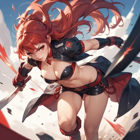 sexy girl, Fighting, espadachin,  down view ,  uncensored , light skin, long hair,  red eyes