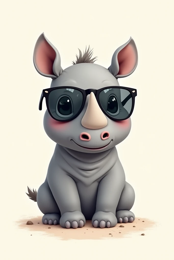 Make a cartoon drawing :
in the center,  there is a small and cuddly gray rhinoceros, With sunglasses .