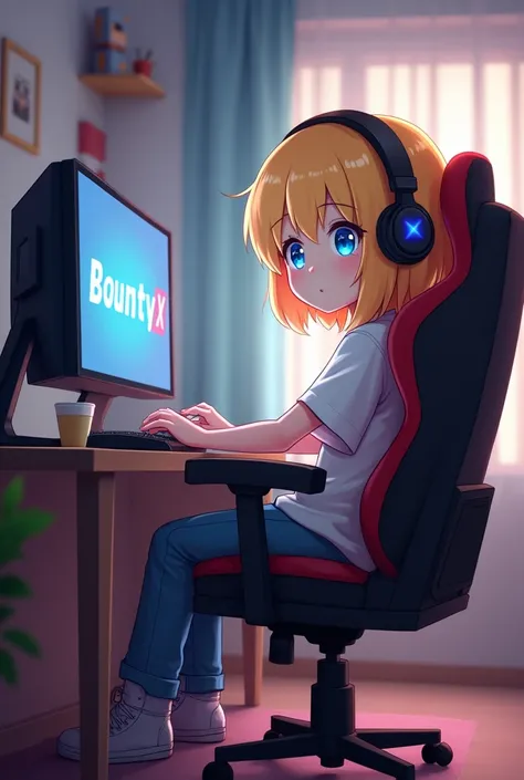 Skin  Minecraft blonde au yeux bleu dans sa chambre sur une chaise de gaming devant son pc écrit sur l’écran bountyx , et avec un casque de gaming sur la tête 