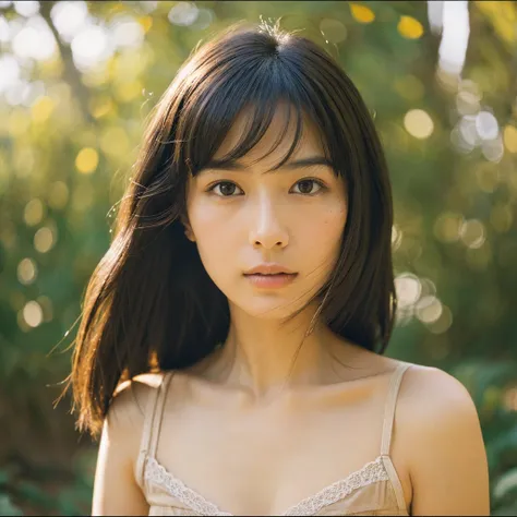 A hyper-realistic image of a single Japanese woman in her early 20s, captured with the nostalgic warmth and subtle graininess of a film camera. Her skin has a warm beige tone with a natural, slightly rough texture that includes visible pores, fine lines, a...