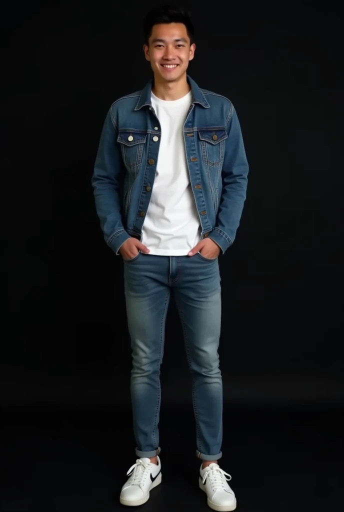  Long shot photography full body 4 hansom asian man they are wearing Denim jacket, white shirt, jeans, white sneakers,posing and smiling with black background , real looking photos super HD natural lighting 8k resolution  