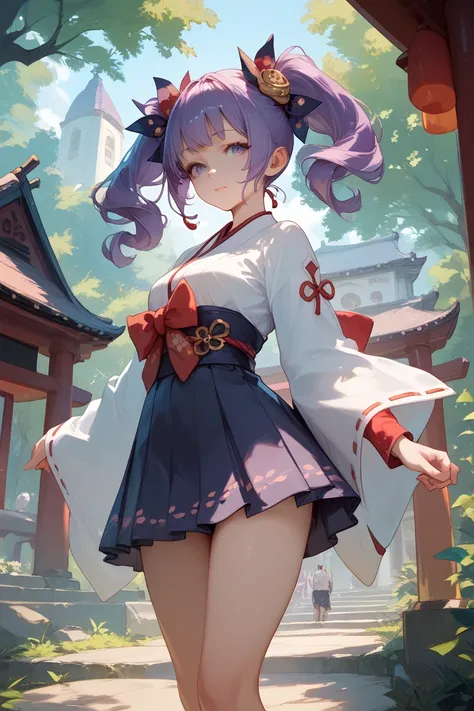 Shrine maiden， twin tails，Purple Hair、 fantasy standing in a church、In the forest　 short skirt 