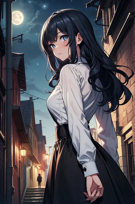 ((masterpiece, best quality:1.3, high detail)), (1girl), beautiful woman, bright eyes, looking at viewer, (sleepy), tired, long wavy hair, (dark blue hair), ((white collar shirt long sleeves)), ((long black skirt)), slim body, gothic, castle, city alley, n...