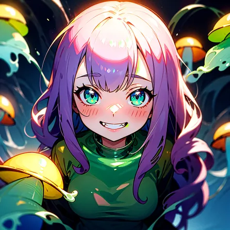 anime loli, illustration, whole body green, translucent, slime girl, jellyfish head, slime body, slime face, slime hair, liquid, grinning face