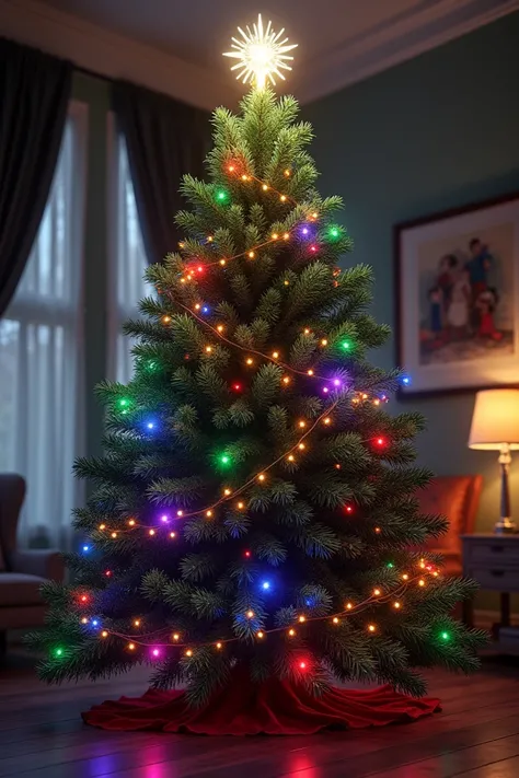 Christmas tree with bright lights and a star in its shining cup.