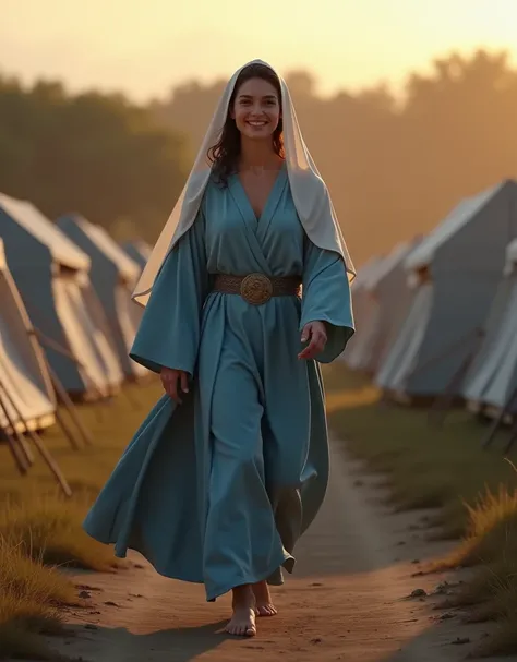  Our Lady walking through tents at a camp .  Her face shows happiness and calm with a serene smile and a sweet look.  Her hair is brown and covered with a white veil . Her robe is blue ,  and her feet are bare . twilight.  full body image,  facing the came...