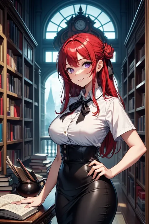 ((masterpiece, best quality:1.3, high detail)), (1girl), beautiful woman posing, bright (purple eyes), large breasts, confident, wide-eyed, smile, solo focus, long hair, (red hair), (hairpin), ((white collar shirt short sleeves)), neck ribbon, (black midi ...