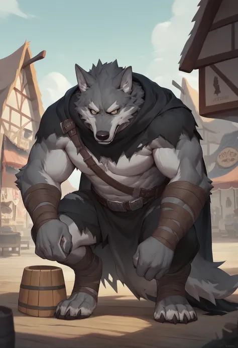 Gray furry wolf, 2,5 tall, medianly muscular, using/wearing, many black ripped and worn rags, and other black type of rags, in a town, the best quality, HD, 2K, wooden market, trying to hide in her rags, trying to cover hims face, warm atmosphere, using a ...