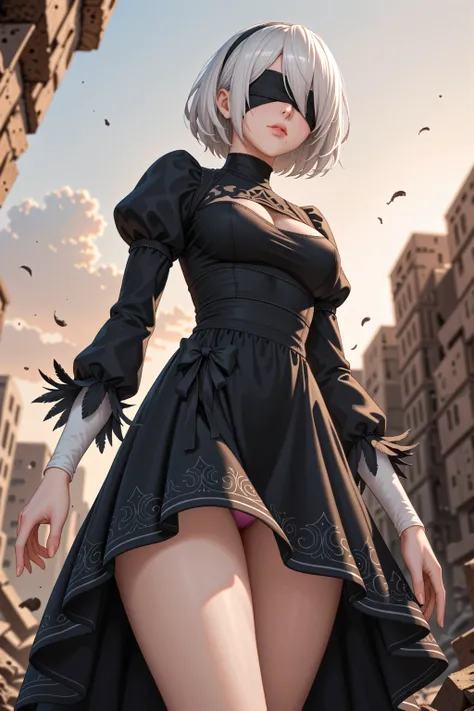 score_9, score_8_up, score_7_up, Anime Style, Portrait, yorha no. 2 type b, short white hair, black dress, hairband, black blindfold, covered eyes, clothing cutout, cleavage cutout, puffy sleeves, black hairband, feather-trimmed sleeves, juliet sleeves, mo...