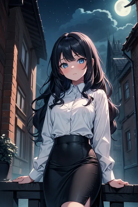 ((masterpiece, best quality:1.3, high detail)), (1girl), beautiful woman, bright eyes, looking at viewer, (sleepy), tired, long wavy hair, (dark blue hair), ((white collar shirt long sleeves)), ((long black skirt)), pencil skirt, slim body, gothic, castle,...