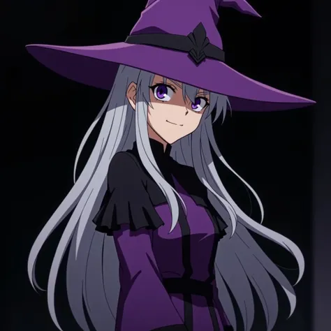   An anime HD movie scene of a mysterious 20 year old long silver hair female witch with bright light purple eyes wearing purple medieval clothes with black details and a purple witch hat with black details  while standing in an intimidating pose while fac...