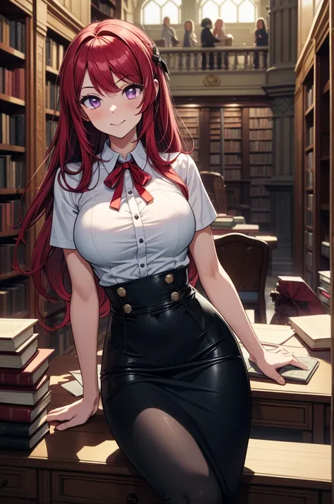 ((masterpiece, best quality:1.3, high detail)), (1girl), beautiful woman posing, bright (purple eyes), large breasts, confident, wide-eyed, smile, solo focus, long hair, (red hair), (hairpin), ((white collar shirt short sleeves)), neck ribbon, (black midi ...