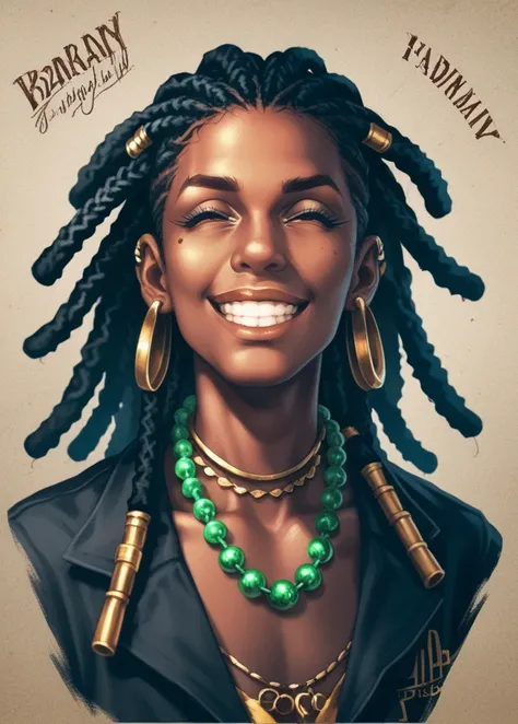 there is a man with dreadlocks standing in a field, taken in the early 2020s, long dreadlocks with  green beads, a black man with long curly hair, album art, earing a shirt laughing, brown skin man with a giant grin, papa legba, long dreadlocks, dreads, dr...