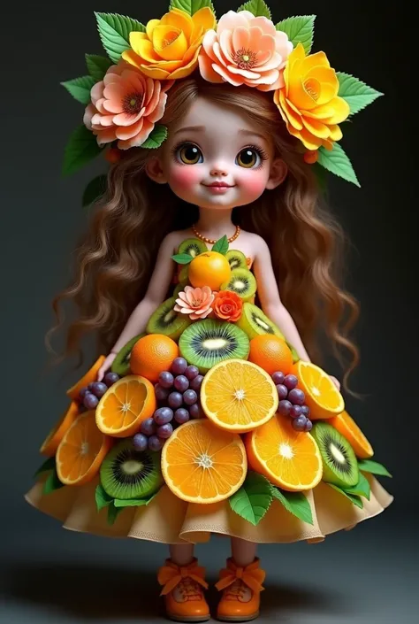 Create an image of a tender girl, small,  smiling and with long curly hair ,  wears a unique dress made entirely of vibrant fruits and flowers.  The dress is decorated with slices of oranges , kiwis , green and purple grapes ,  as well as flowers in bright...