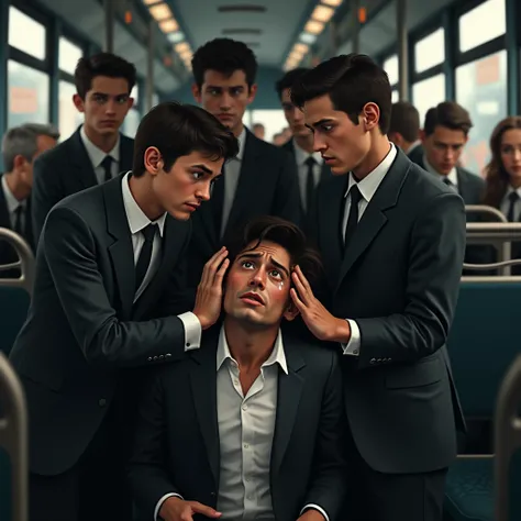 I need a realistic image of a group of boys aged about 18 in suits and one of those guys places his hands on a thiefs head, everyone is on a bus, the thief is crying with emotion.  ,  please it cant be in a drawing it has to be real 