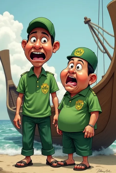 Caricature 4D. Two Indonesian proa people aged 40 years .  Pak Ujang tall skinny wears hansip shirt green pants green hat green hat shoe booth. Pak Maman short chubby wears hansip shirt green clothes green pants green hat. feeling shocked Realistus focus .