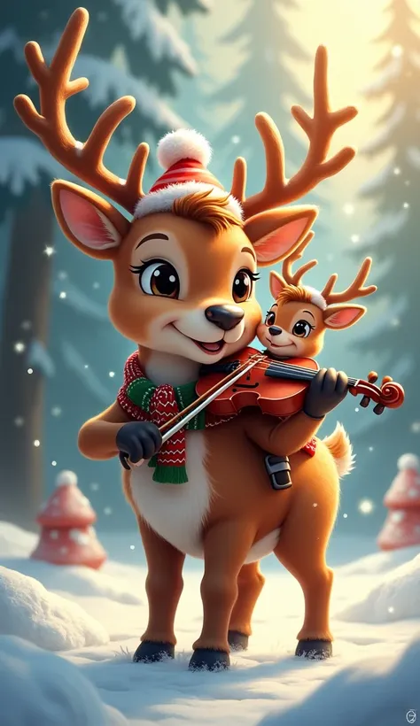 "A real cute reindeer dressed in Christmas clothes playing a violin while its baby reindeer sits on top of its back and looks at the camera, artist, fantasy art, cute and funny, a picture."