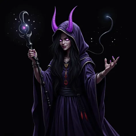 dark shadow shilloute of a smug mysterious black skin evil demon elf with purple horns and long black hair covering one of her bright purple eyes wearing a black hood and robe with the stars and moon motiff while holding a black staff leaving a trail of bl...