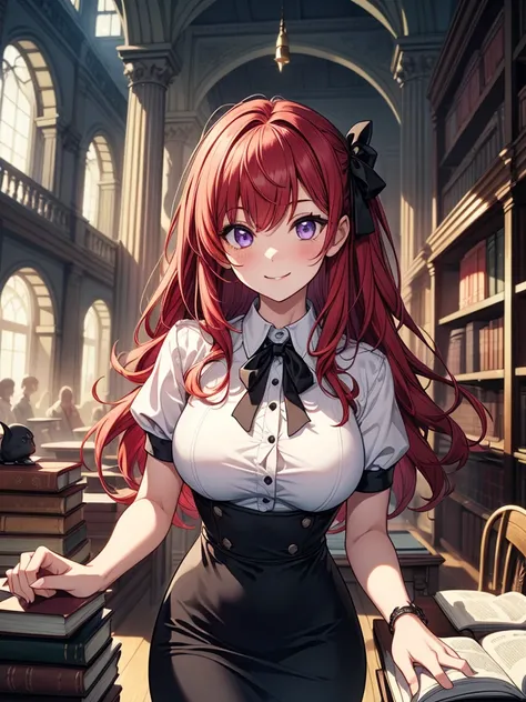 ((masterpiece, best quality:1.3, high detail)), (1girl), beautiful woman posing, bright (purple eyes), large breasts, confident, wide-eyed, smile, solo focus, long hair, (red hair), (hairpin), ((white collar shirt short sleeves)), neck ribbon, (black midi ...