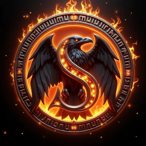 3D, High Contrast, red round emblem, antic greece style, logo: S, glowing runes, letter "S", raven glowing eyes, red fire, magic, runes magic, divine, glowing, hd, cinematic, power, metal style, epic, glowing runes, hell,