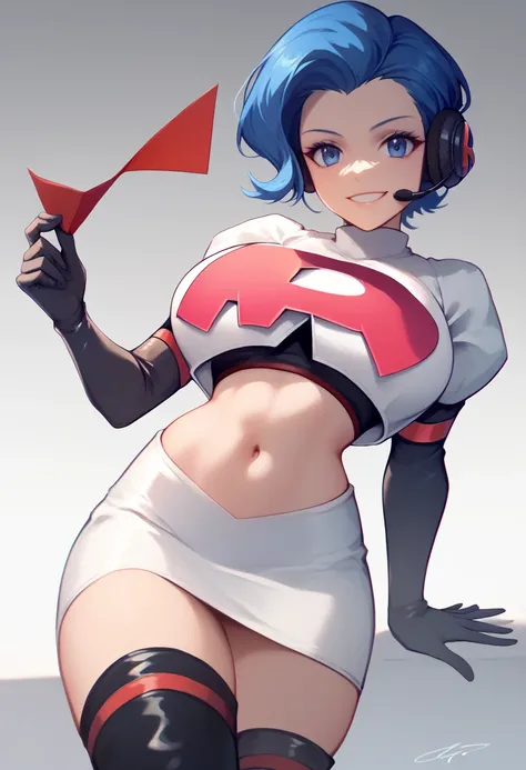 1girl, solo, Team rocket, team rocket uniform, red letter R, white skirt,white crop top,black thigh-high boots, black elbow gloves, headset, large breasts, sexy pose, smile