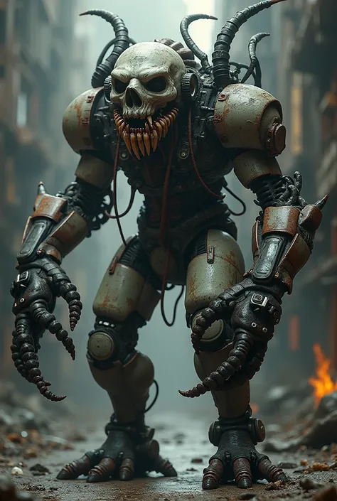 A being with a machine gun arm, another with octopus tentacles, a mechanical gorilla head, a cybernetic leg and the other a very healed one, and a smiling exoskeleton. 