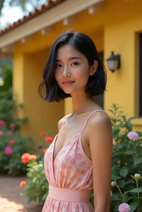  a Brazilian woman, light skin, 30 years,  short hair and straight and dark , with a soft and shy look ,  wearing a light pink floral dress,  looking forward, in front of a yellow house ,  with a simple and beautiful garden  