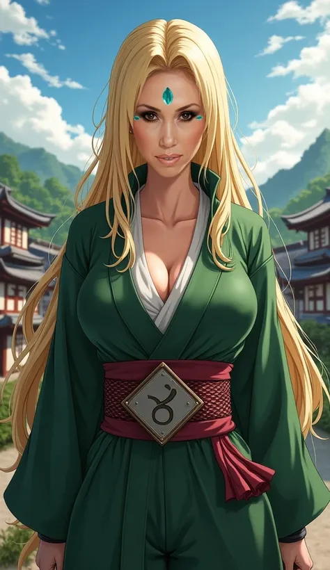 With the reference draw the girl as tsunade in realistic version