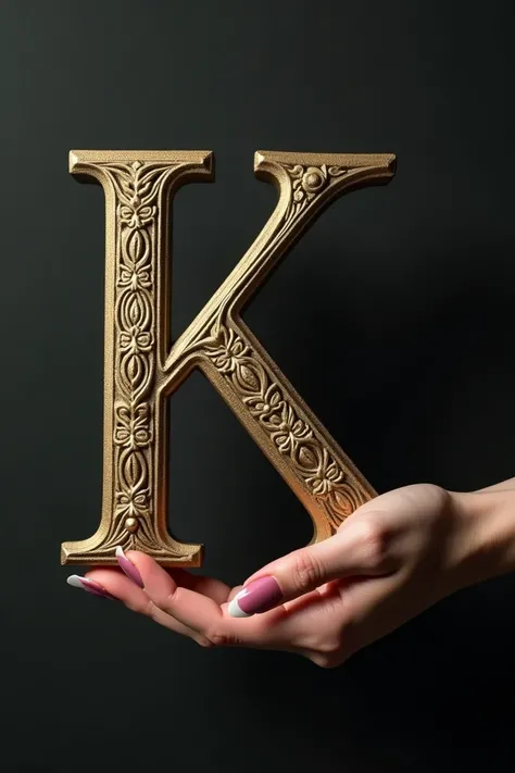 A womans hand with long nails holding a capital letter K 