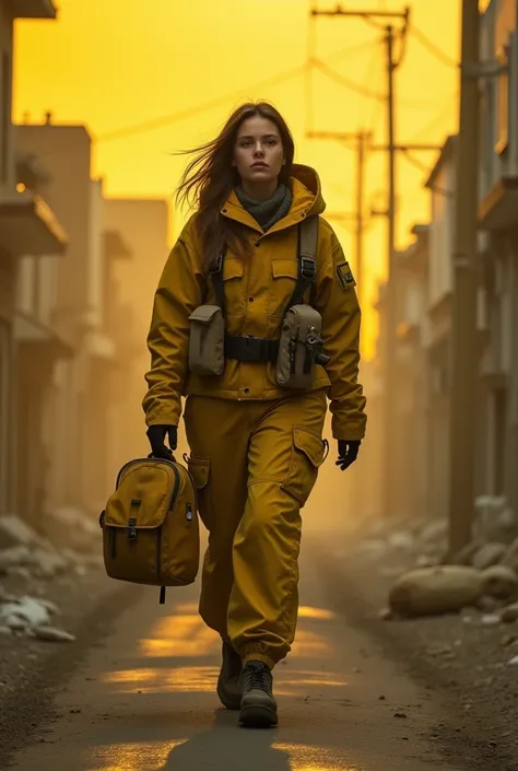 chef-dœuvre, meilleure qualité, Haute résolution, Riches détails, 8K, lumière et ombre extrêmes, Image dune belle jeune femme portant un équipement tactique jaune, sale and dusty , marchant dans une rue désolée dans une ville effondrée, post apocalypse, fu...