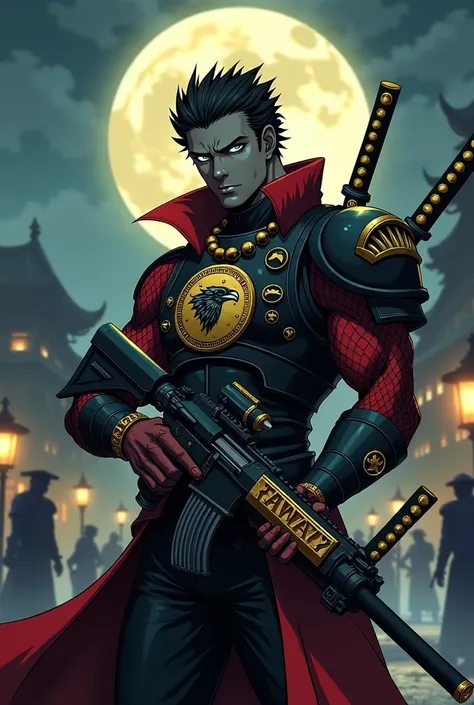 Create a full-body version of the warhammer 40k chaplain and mix his look with character Kelvin Celsius from the anime Kuro no Shoukanshi or Black Summoner, and mix his look with young dark-skinned with pendants, and moon-blue eyes, with only one of the ar...