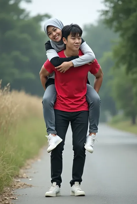 An Indonesian woman is wearing grey hijab, white top with black long sleeves, grey low waisted legging, and white sneakers. A Korean man is riding on the womans back. The woman is walking on a street while a little bowing. The woman is wrapping her arms ba...