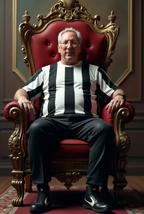 A 50-year-old man,  wearing a vertically striped soccer club jersey in black and white,   long black pants and black boots with white hem ,  sitting on a royal throne.