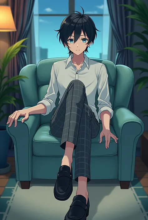 Draw an anime character sitting on his coach: Tall fair skinned young man with chin-length black hair and two asymmetrical locks that frame his face. He has sky blue eyes. He has captivating facial features and He’s extremely handsome but unaware of the fa...