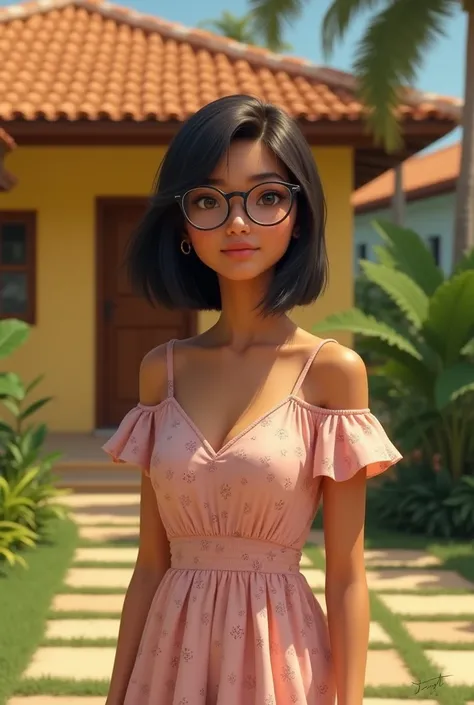  a Brazilian woman,  light brown skin , 30 years,  brown eyes , with glasses,  short hair and straight and dark , with a soft and shy look ,  wearing a light pink floral dress,  looking forward, in front of a yellow house ,  with a simple and beautiful gar...