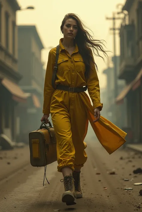 chef-dœuvre, meilleure qualité, Haute résolution, Riches détails, 8K, lumière et ombre extrêmes, Image dune belle jeune femme portant un équipement tactique jaune, sale and dusty , marchant dans une rue désolée dans une ville effondrée, post apocalypse, fu...