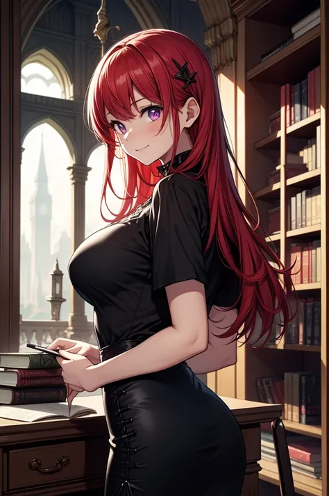 ((masterpiece, best quality:1.3, high detail)), (1girl), beautiful woman, view from behind, bright (purple eyes), large breasts, confident, wide-eyed, smile, solo focus, long hair, (red hair), (hairpin), ((white collar shirt short sleeves)), neck ribbon, (...