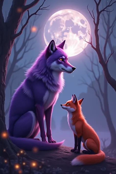 Create an image of a purple wolf and a fox in moonlight
