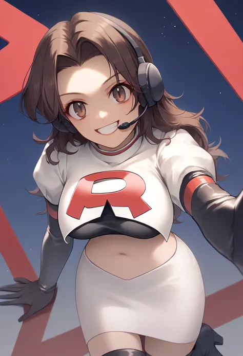 Team rocket, team rocket uniform, red letter R, white skirt,white crop top,black thigh-high boots, black elbow gloves, evil smile, night sky background, headset, large breasts, high-heeled boots, Fuuka Yamagishi, teal hair, brown eyes